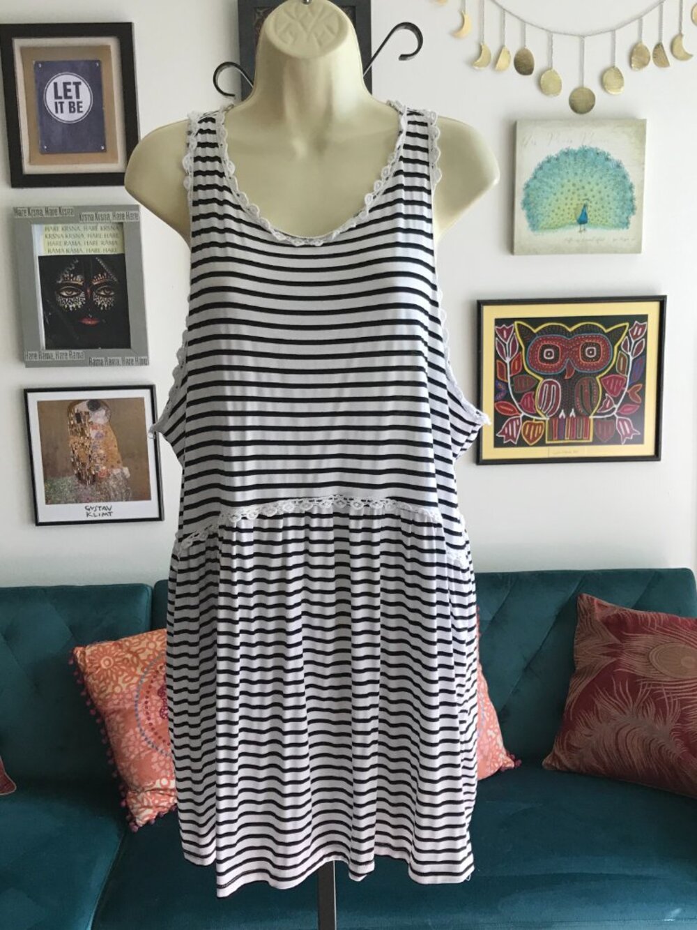POL size 2XL White & Black Striped Crochet Lace Accent Babydoll Indie Tank Top